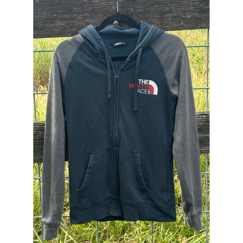 The North Face Womens Full Zip Hoodie Navy Gray Colorblock Logo Fleece Medium
